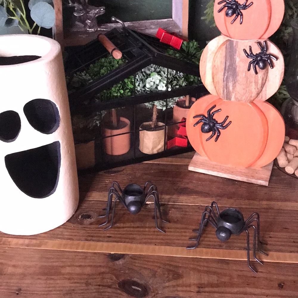 Pottery Barn Rustic Creepy Crawly Spooky Black Metal Spider Tealight Holders - 2